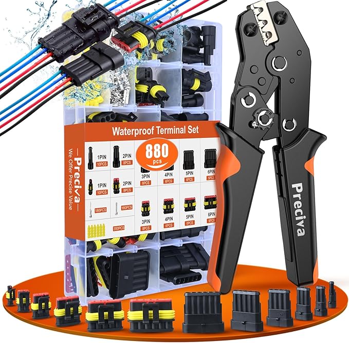 880Pcs 41 Sets Waterproof Automotive Electrical Connectors Electrical Wire Connectors Plug Kit 1/2/3/4/5/6 Pin Waterproof Connectors with Ratchet Crimping Tool for Car Truck Motorcycle Boat Marine
