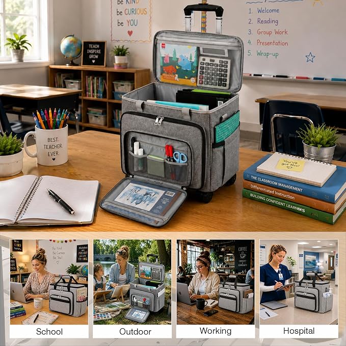 Rolling Teacher Bag With Wheels, Tote Organizer With Detachable Trolley - Image 6