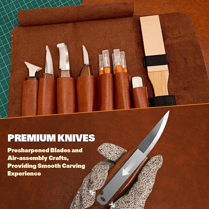 Wood Carving Kit, 32Pcs Wood Carving Tools with PU Storage Bag, Wood Whittling Knife Kit with 4pcs Templates & 11pcs Wood Carving Knives for Wood DIY Beginners