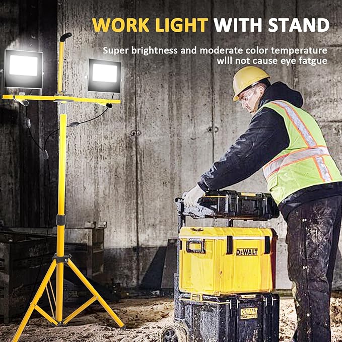 24000 Lumen Work Lights with Stand, Floodlight Works Light Adjustable 2 Head Tripod Work Light IP67 Waterproof Tripod Work Lights Stand