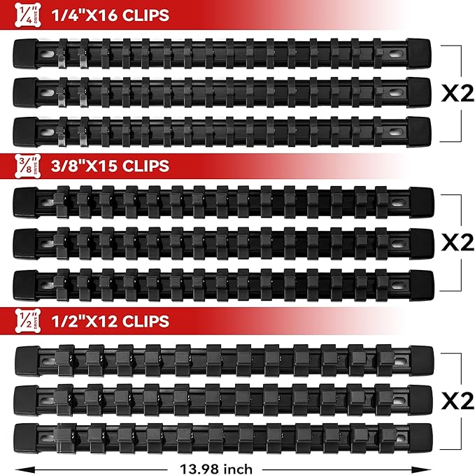 ALOANES 18 PC ABS Socket Organizer,1/2 inch, 3/8 inch, and 1/4 inch Drive Socket Rail Holders, Heavy Duty Socket Racks, Black Rails with Black Clips
