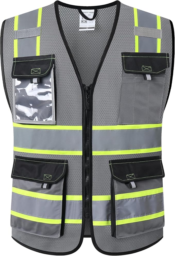 JKSafety Hi Vis Reflective Safety Vests for Men Women High Visibility Vest with Pockets Mesh Fabric Construction Safety Apparel Neon Vest for Work (220-Grey L)