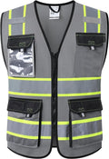 JKSafety Hi Vis Reflective Safety Vests for Men Women High Visibility Vest with Pockets Mesh Fabric Construction Safety Apparel Neon Vest for Work (220-Grey XXL)