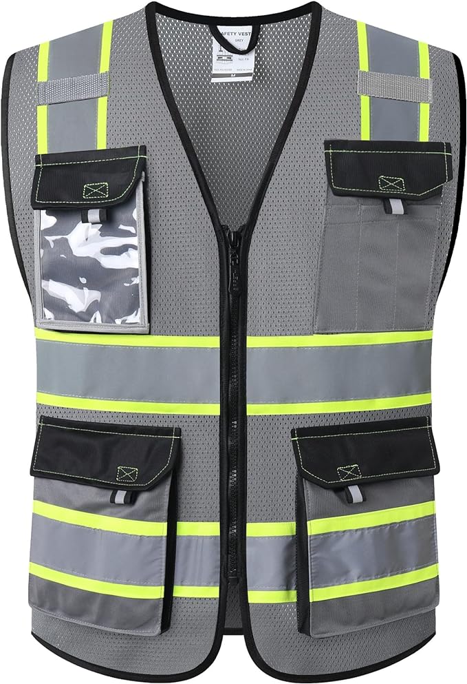 JKSafety Hi Vis Reflective Safety Vests for Men Women High Visibility Vest with Pockets Mesh Fabric Construction Safety Apparel Neon Vest for Work (220-Grey XXL)