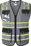 JKSafety Hi Vis Reflective Safety Vests for Men Women High Visibility Vest with Pockets Mesh Fabric Construction Safety Apparel Neon Vest for Work (220-Grey 5XL)