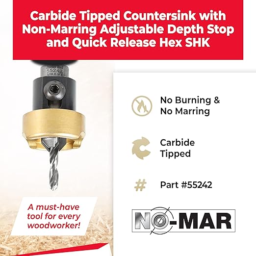 Amana Tool 82 Degree Countersink with Drill Bit Depth Stop and No-Thrust Ball Bearing, 55242, 1/2 D x 3/16 Drill D x 1/4 Inch Quick Release Hex Shank