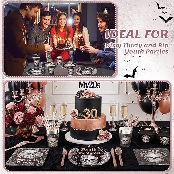 450 Pcs Death to My 20s Tableware Set Rose Gold Black 30th Birthday Party - Image 4
