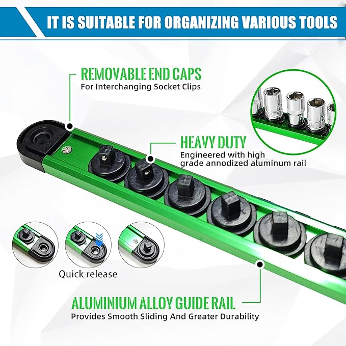 6-Piece Magnetic Socket Organizer Set, Holds Screwdrivers, Wrenches & Sockets, Rail System with Removable End Caps, for 1/4, 3/8, 1/2 Inch Drive Sockets, Tool Organization (Green & Red)