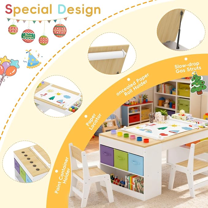 Kids Art Table and 2 Chairs Set, Wooden Craft Desk - Image 5