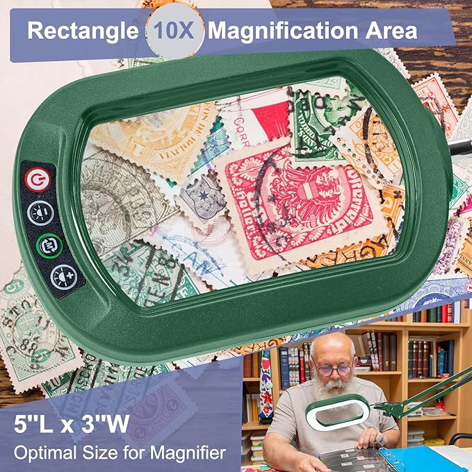 10X Rectangle Magnifying Glass with Light and Clamp, 5 Color Modes Stepless Dimmable, Lighted Magnifier with Stand Hands Free, Flexible Swing Arm LED Desk Lamp for Close Work, Craft, Painting - Green