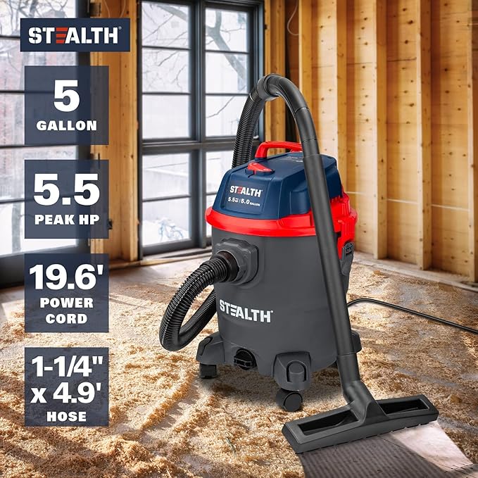 Stealth Wet/Dry Vacuum 5 Gallon, 5.5 Peak HP Shop Vacuum with Blower & Drain Port for Home, Garage, Car, Workshop,ECV05P2