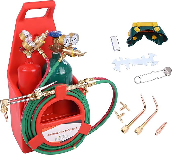 Portable Oxygen Acetylene Torch Kit, Professional Oxy - Acetylene Welding & Cutting Set with Gauge, Gas Tank Tote, Long Pipe Brass Nozzle, for Industrial & DIY Use