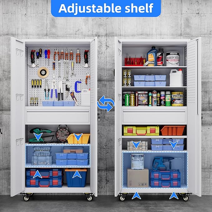 71" Metal Garage Storage Cabinet with 16 Hooks and Pegboards,1 Drawer Inside Rolling Tool Storage Cabinet with Adjustable Shelves,3 Metal Hanging Rod for Garage,Warehouse(White)