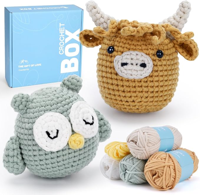 CrochetBox Crochet Kit for Beginner, Highland Cow and Owl Learn How to Crochet by CROCHETBOX