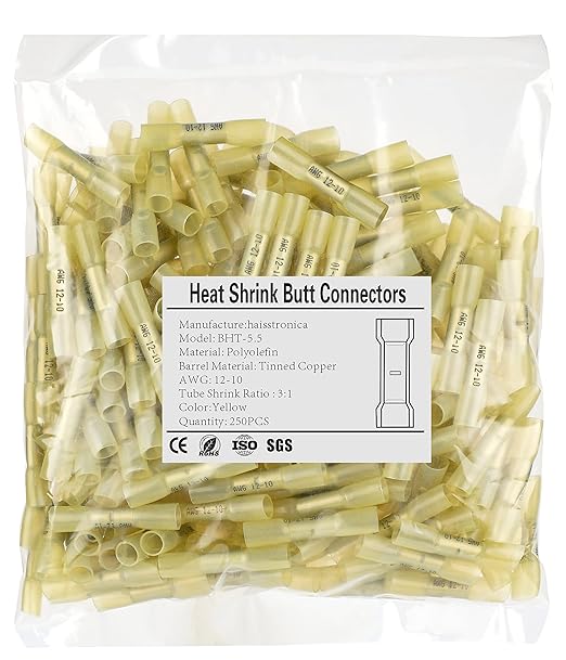 250PCS Yellow Heat Shrink Butt Connectors AWG12-10,haisstronica Marine Grade Heat Shrink Wire Connectors,Tinned Red Copper 1mm,Waterproof Insulated Crimp Butt Splice Electrical Connectors