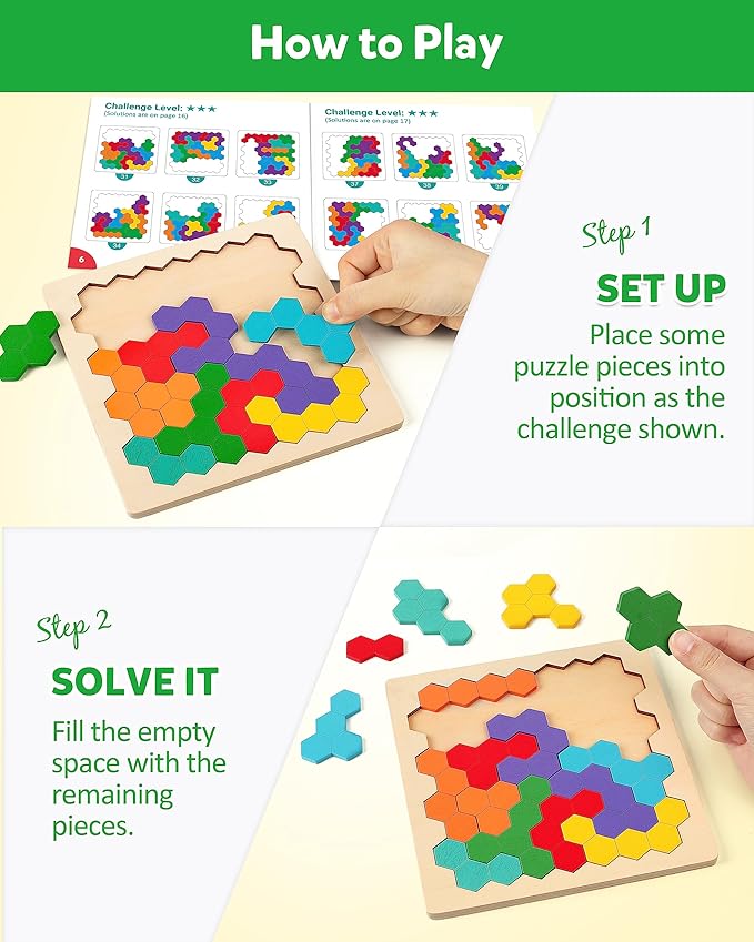 Coogam Wooden Tangram Puzzle, Color Shape Pattern Jigsaw Brain Teasers 3D Logic - Image 3