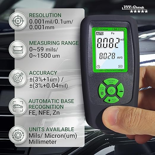 Paint Thickness Gauge CM-206X | Coating Depth Meter Fe/Al/Zn | Auto Car Paint Meter with Ruby Probe, Quick Calibration, Rubber Cover & Hard PU Case for Automotive Inspection (CM-206X)