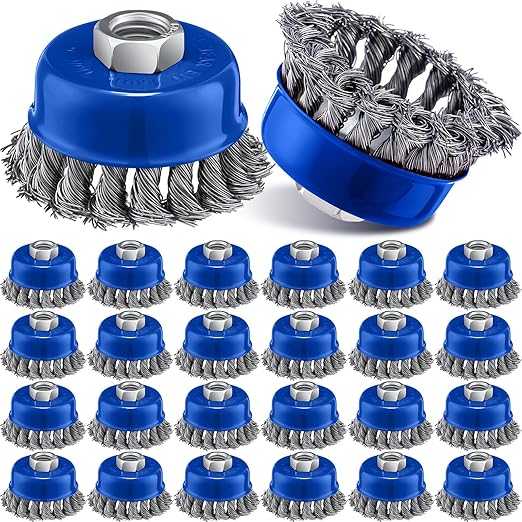 Tandefio 24 Pcs Wire Wheel Brush Wire Wheels with 5/8 -11 Threaded Arbor for 4 1/2 Angle Grinder Knotted Wire Cup Brush for Heavy Cleaning Rust Removal (Blue,3 Inch)