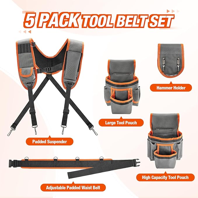 Tool Belt with Suspenders, Heavy-Duty 24-Pocket Work Belt for Electrician, Carpenter, Construction, Detachable & Adjustable Tool Pouch Bag for Men -Fits Waists 33"-48"