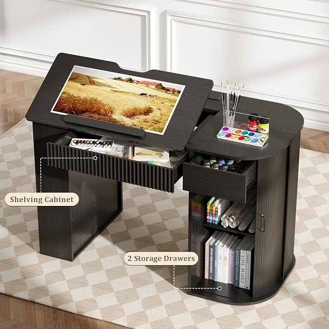 Drafting Table with Storage Cabinet & Drawers, Adjustable Drawing Table with - Image 3