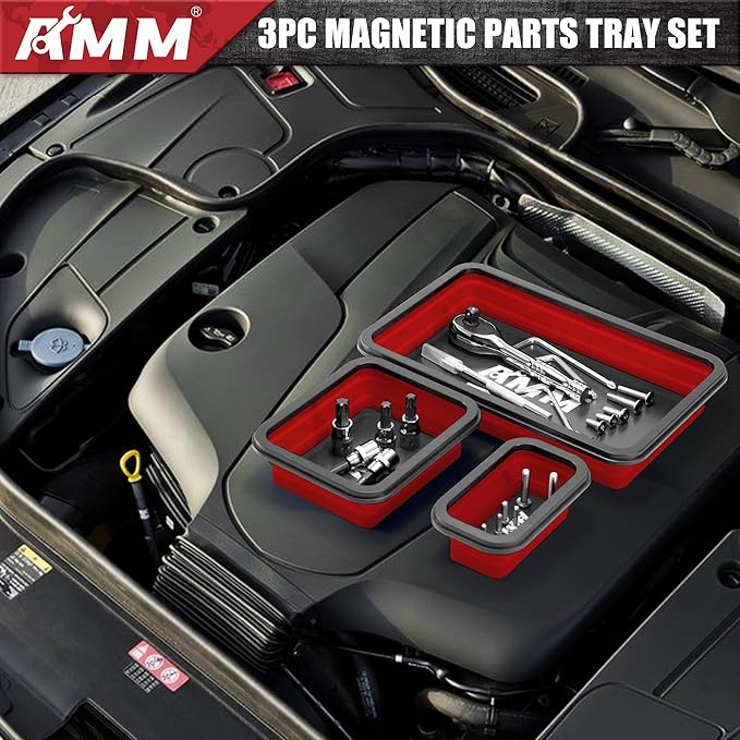 AMM Foldable Magnetic Parts Tray Set, 3 Different Size Magnetic Tool Trays for Bolts Screws Nuts & Small Metal Parts, Mechanic Tool Present for Men，Red