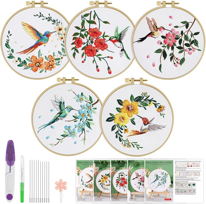 ERKOON 5 Sets Embroidery Kit for Beginners, Hummingbird and Flower Cross Stitch by ERKOON