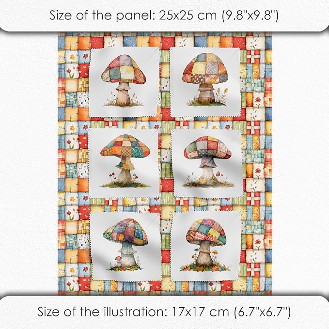 Patchwork Mushroom Cotton Fabric Panel – 6 Designs + Bonus Sheet 29.5×19.6 inch - Image 6