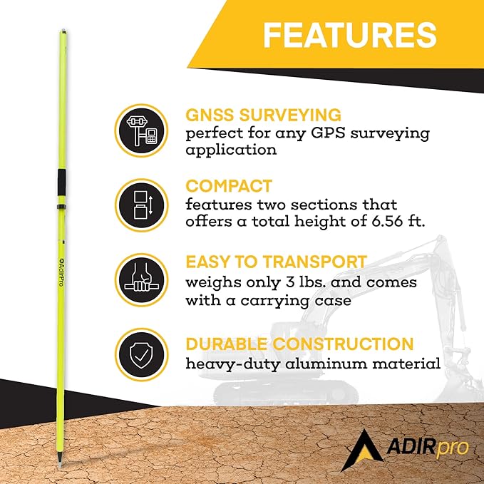 AdirPro Aluminum GPS Rover Rod – 2m 2-Piece Design GPS Pole for Land Surveying & Engineering – RTK GPS/GNSS Accessory – Includes Level Vial & Carrying Case (Fluorescent Yellow)