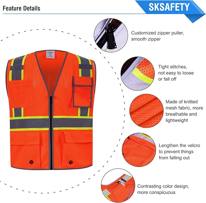 SKSAFETY 10 Pockets Safety Vest, Class 2 High Visibility Security with Zipper Double-sided mesh, Hi Vis Vest with Reflective Strips, ANSI/ISEA Standard, Construction Work Vest （Orange, XL）