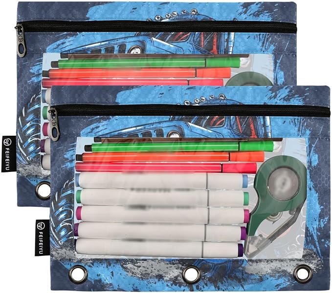 Custom Truck Blue Pencil Pouch for 3 Ring Binder, 2 Pack Personalized Name - Image 2