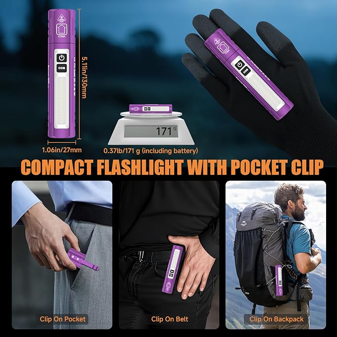 Rechargeable Tactical Flashlights High Lumens - Super Bright Small Powerful LED Magnetic USB C Flashlight, 8 Modes, Dual Button Waterproof Pocket Flash Light for Emergency, Car (1, Purple)