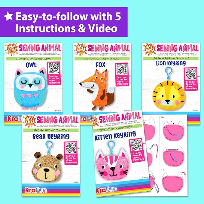 KRAFUN Animal Keyring Charm Sewing Kit Age 6+ | 5 Projects | 5 stuffed animal - Image 5