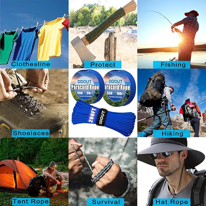 Paracord Nylon Rope Blue 50ft with 7-Strand Core, 10 Colors and 50/100/200 ft, Type III Parachute Cord 4mm for Camping, Survival, Hiking, DIY, Crafting, Outdoor Utility Rope