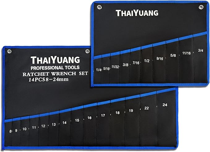 2-Pieces Wrench Roll Up Pouch, Heavy Duty Canvas Tool Bag Tool Organizer Bag 14pockets Metric+ 10pockets SAE (Not Including Wrench)