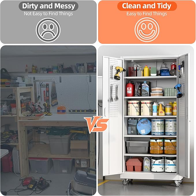 71" Metal Storage Cabinet with Wheels and Pegboard, Lockable Rolling Steel Storage Cabinet with 5 Adjustable Shelves and Door for Garage, Office, Kitchen, Assembly Required,White