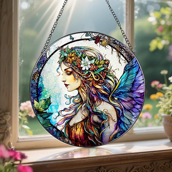Stained Glass Window Hanging, LAOWEIKI 8'' Fairy Suncatcher, Stained Glass - Image 5