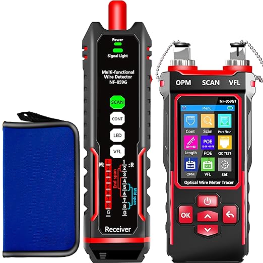 NF-859GT Network Cable Tester with Optical Power Meter10mw DualHead Visual Fault Locator,for POE/RJ45RJ11CAT5 CAT6 CAT3 Tone Probe KitEthemet Wire TracerFiber Tester LAN Network Tools