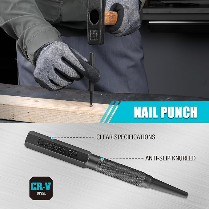 DURATECH 18 Piece Punch/Chisel/Alignment Tool Set, Including Pin Punch, Center Punch, Nail punch, Alignment Tool, Cold Chisel, Chisel Gauge, for Removing Repair Tool, with Rolling Pouch