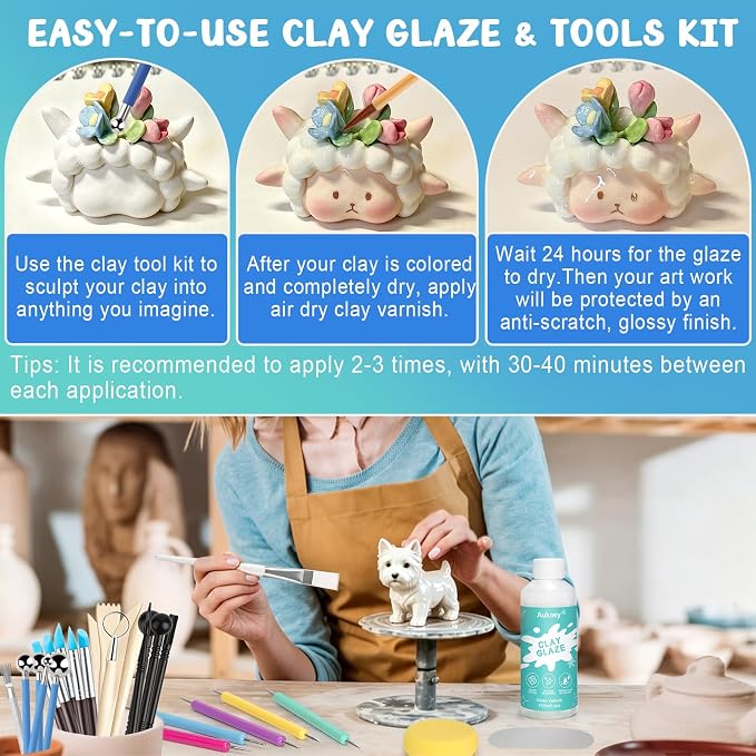 Aukney 100ML Air Dry Clay Varnish and 29pcs Tool Kit, High Gloss Air Dry Clay - Image 2