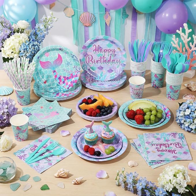 450 Pcs Mermaid Birthday Party Tableware Set Decorations Mermaids Paper Plates - Image 6