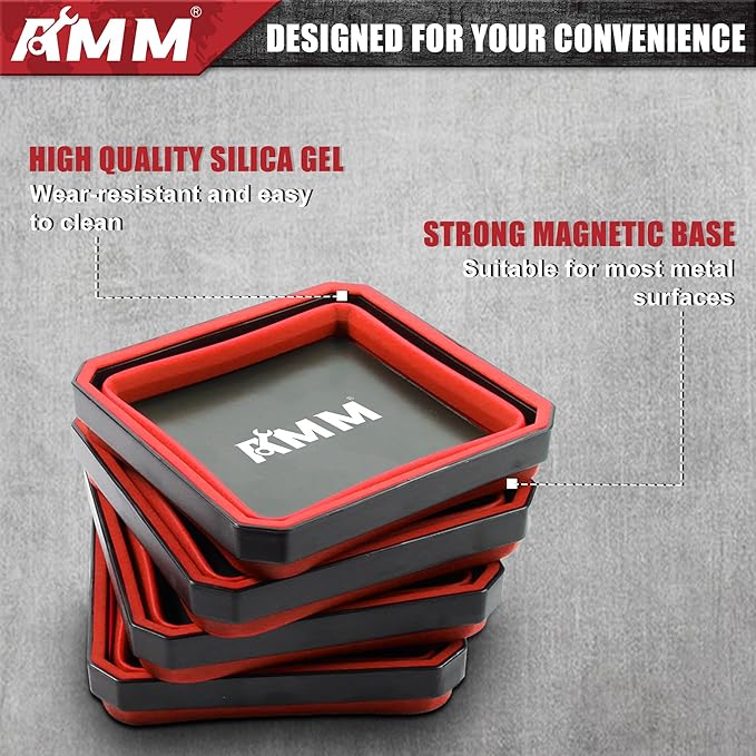 AMM Magnetic Tray, 4 PC Foldable Magnetic Tool Tray Set for Bolts Screws Nuts & Small Metal Parts, Mechanic Tool Present for Men, 4.5 Inch Square (4PC, Red)