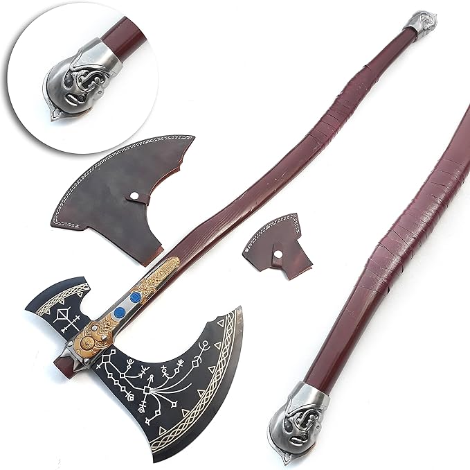 SHINY CRAFTS ® Hand-Forged Bearded Viking Axe – Inspired by Kratos Viking Axe Design Steel Hatchet with Leather Sheath & Wood Handle (VBA-26)