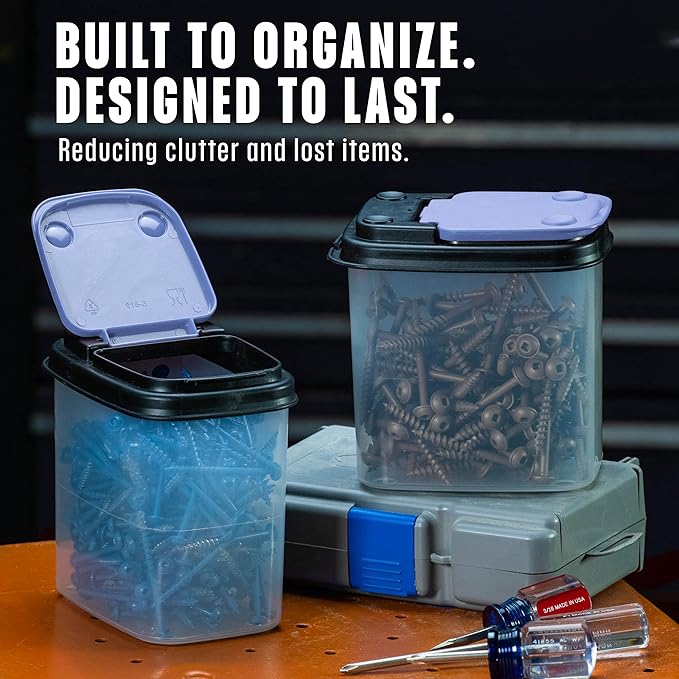 Buddeez Multi-Purpose Hardware Storage Bins Bits and Bolts Small Storage Containers, Hardware Organizers, Clear Containers With Blue Stackable Lids, Bolt and Screw Organizer (1 Quart - 12 Pack)