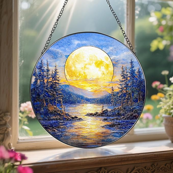8'' Full Moon Over Forest Lake Suncatcher Ornament, Stained Glass Window Hanging - Image 5
