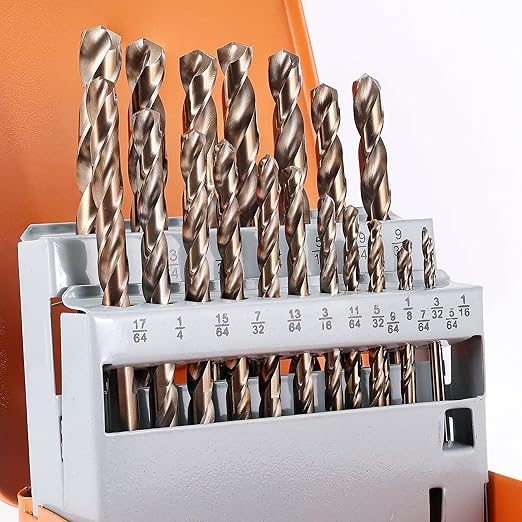 21Pcs Cobalt Drill Bit Set (1/16"-3/8"), M35 High Speed Steel, Twist Jobber Length for Hardened Metal, Stainless Steel, Cast Iron, Wood, and Plastics, with Metal Index Storage Box