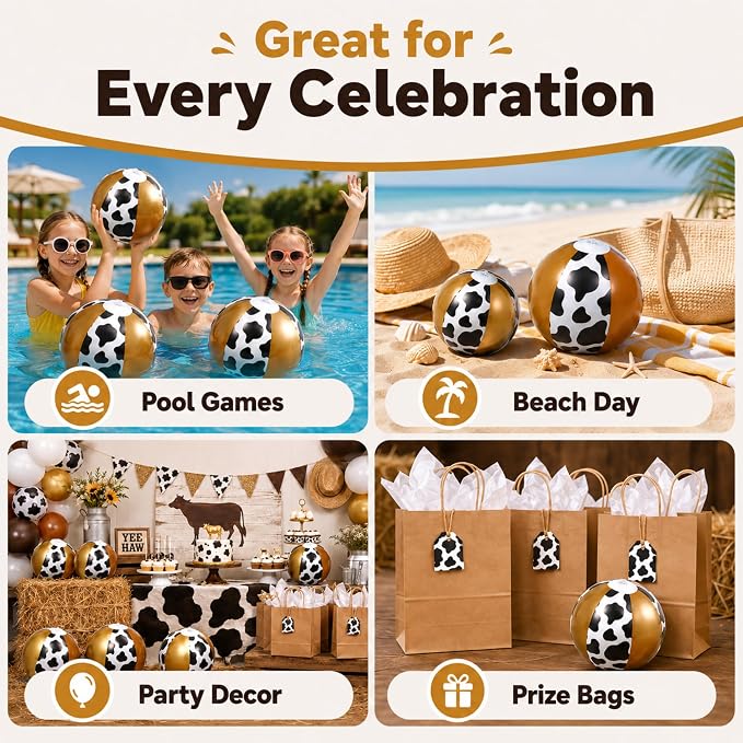 Realspring 12 Pack Cow Print Inflatable Beach Balls 8 Inch Farm Animal Party - Image 2