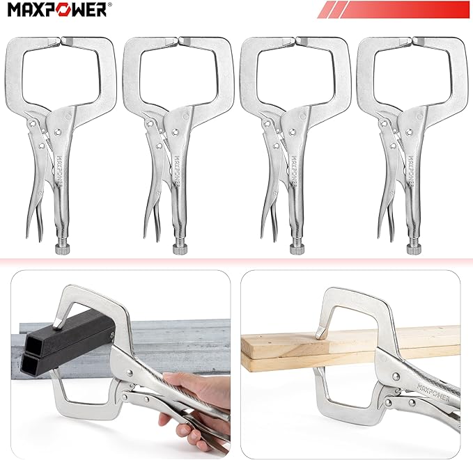 MAXPOWER 11-inch Locking C Clamp, Heavy Duty C-Clamp Locking Pliers with Regular Tip for Welding - 4 Pack