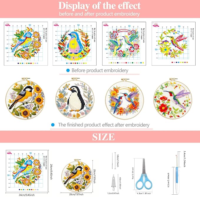 Zhenqing 4 Pack Bird Cross Stitch Kit - Image 6