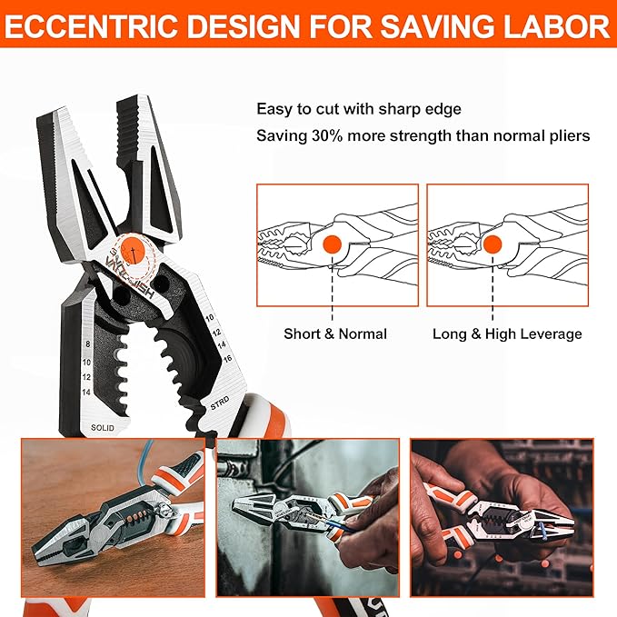 VANQUISH 8-in-1 Linesman Pliers, 8’’ Multipurpose Combination Pliers Wire Cutter/Crimper/Stripper, CRV Steel Hand Tool, Heavy Duty Side-Cutting Pliers for Crimping, Stripping, Shearing, Screwing, 3238