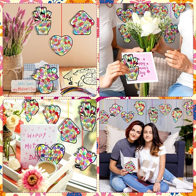 Eersida 32 Pcs Mothers Day Suncatchers Paper Craft Set DIY Flower Shaped - Image 5
